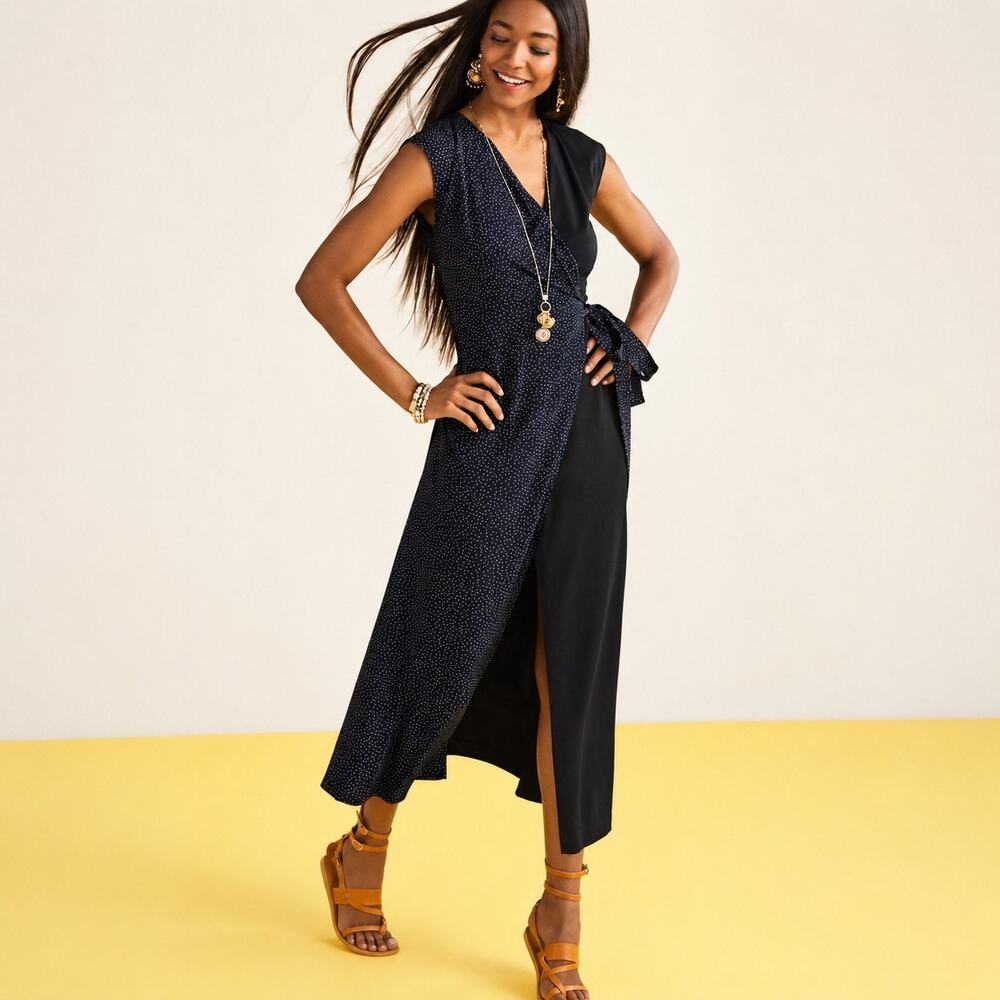 CAbi Disco Dress 5609 Black White Polka Dot Wrap Maxi Small Limited Edition 2019